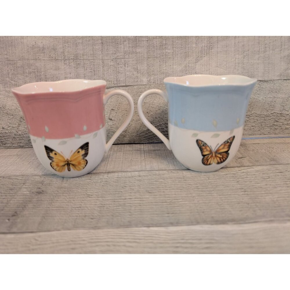 Lenox Butterfly Meadow 2 Porcelain Mugs Pink & Blue Floral Butterfly Meadows
